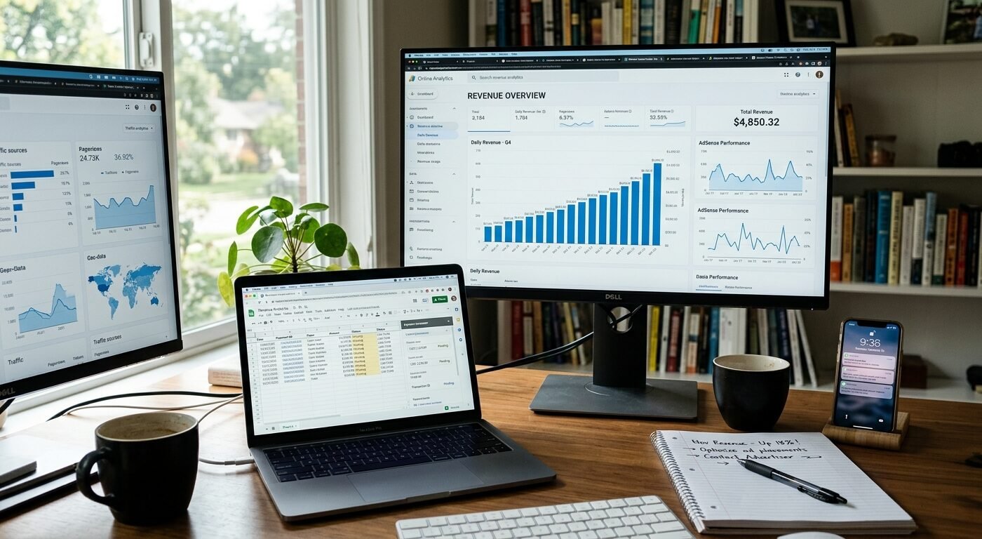 Photorealistic home office workspace with dual monitors displaying analytics dashboards and revenue charts, natural dayl