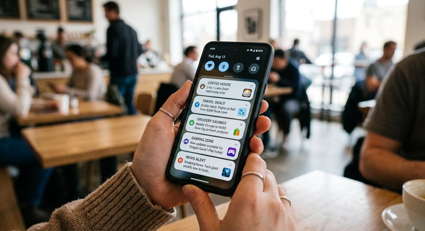 Photorealistic close-up of a smartphone screen displaying push notification ads in a mobile interface, user's hand holdi