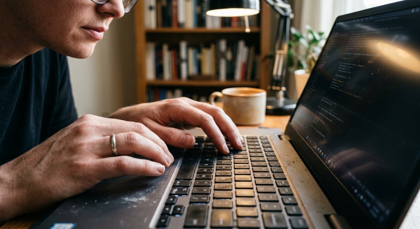 Close-up photorealistic image of hands typing on a laptop keyboard, screen reflecting ambient room light, faint glow ill