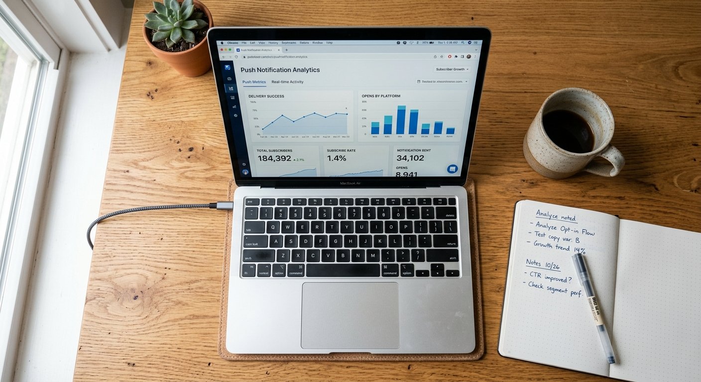 Photorealistic overhead view of a laptop open to a dashboard showing push notification analytics, real browser interface