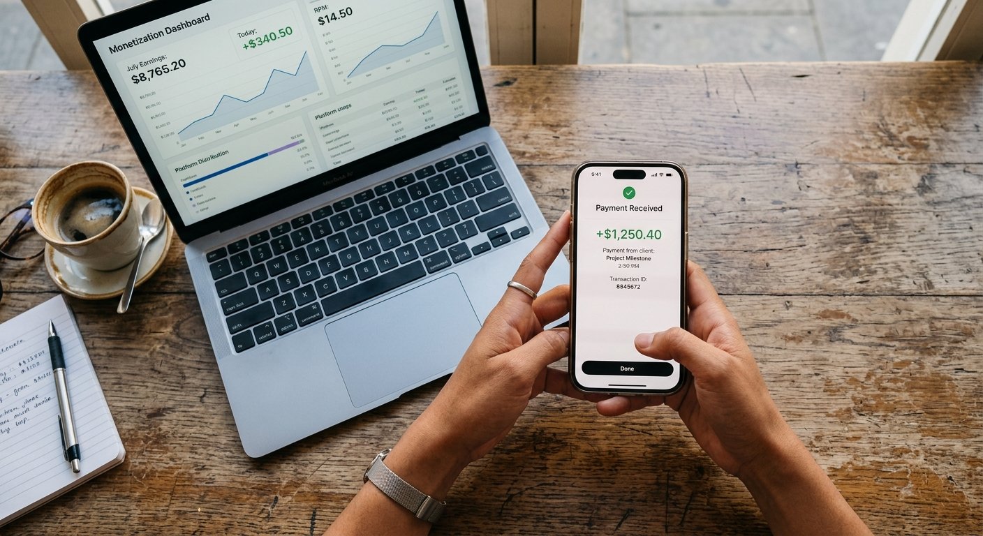 Photorealistic overhead shot of hands holding a smartphone displaying a payment notification screen with dollar amounts