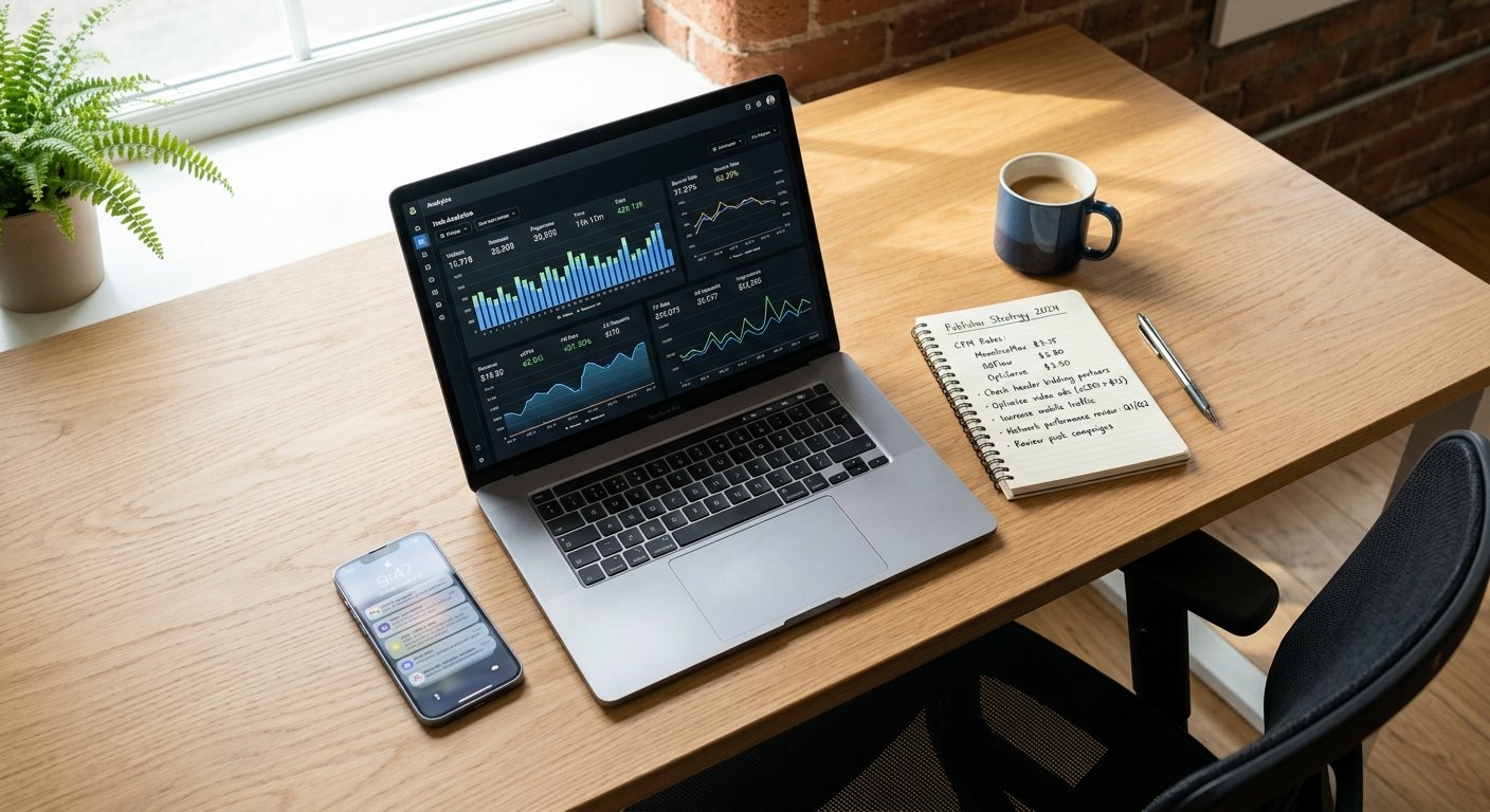 Photorealistic overhead shot of a laptop on a clean modern desk showing an analytics dashboard with traffic graphs and r