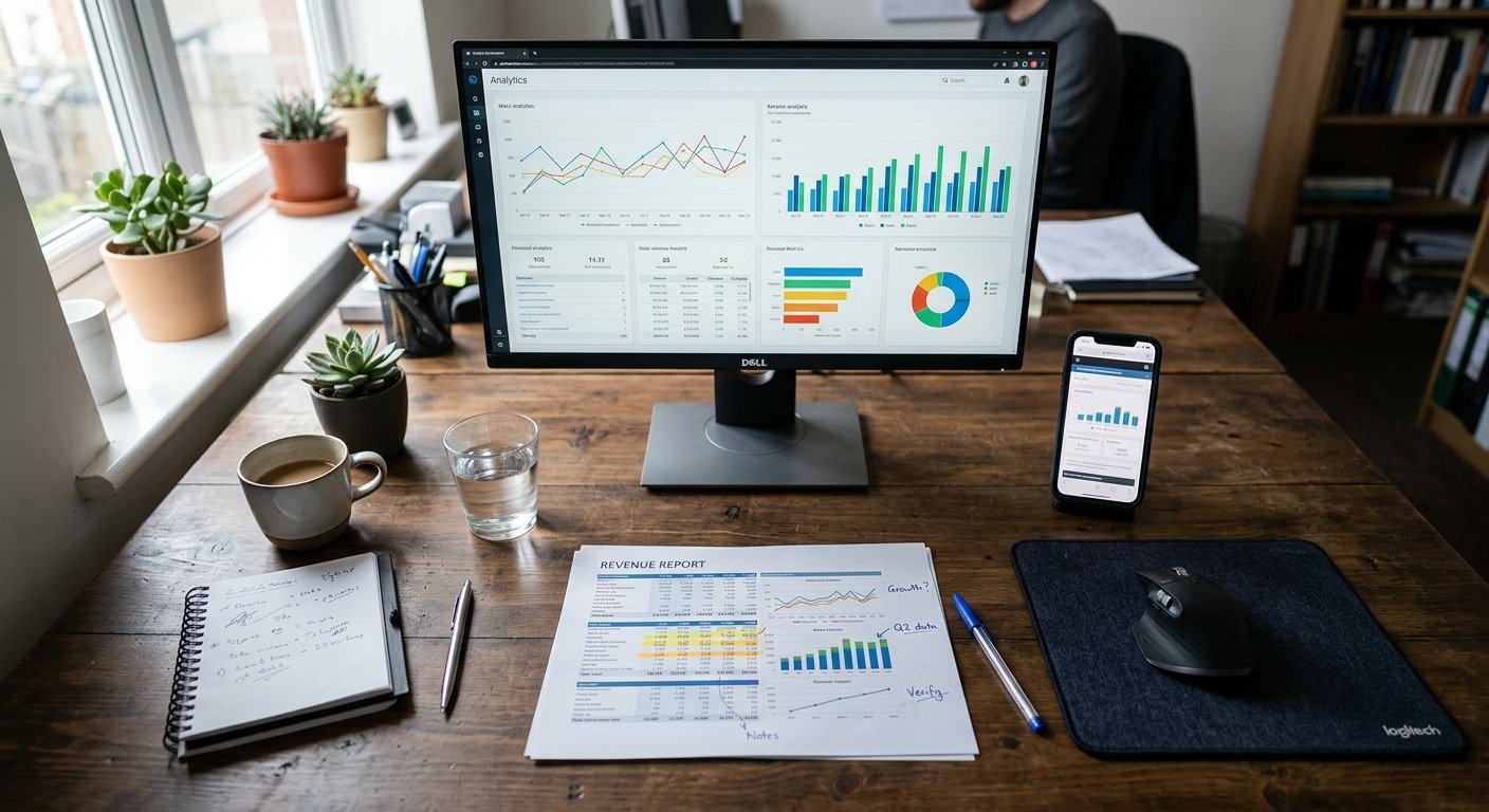 Photorealistic overhead shot of a desk workspace showing an analytics dashboard on a computer monitor with graphs and me