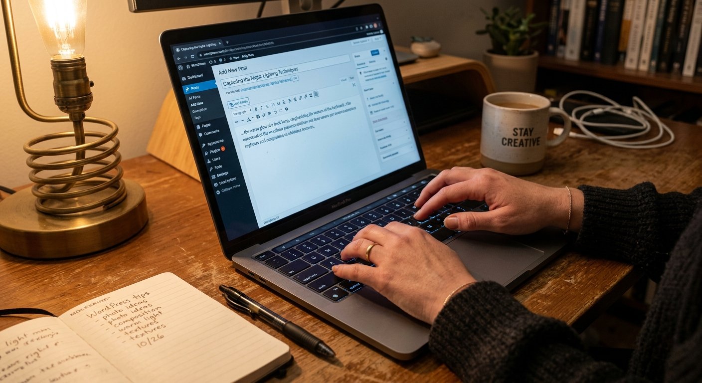 Close-up photorealistic image of a content creator's hands typing on a MacBook keyboard, WordPress dashboard visible on