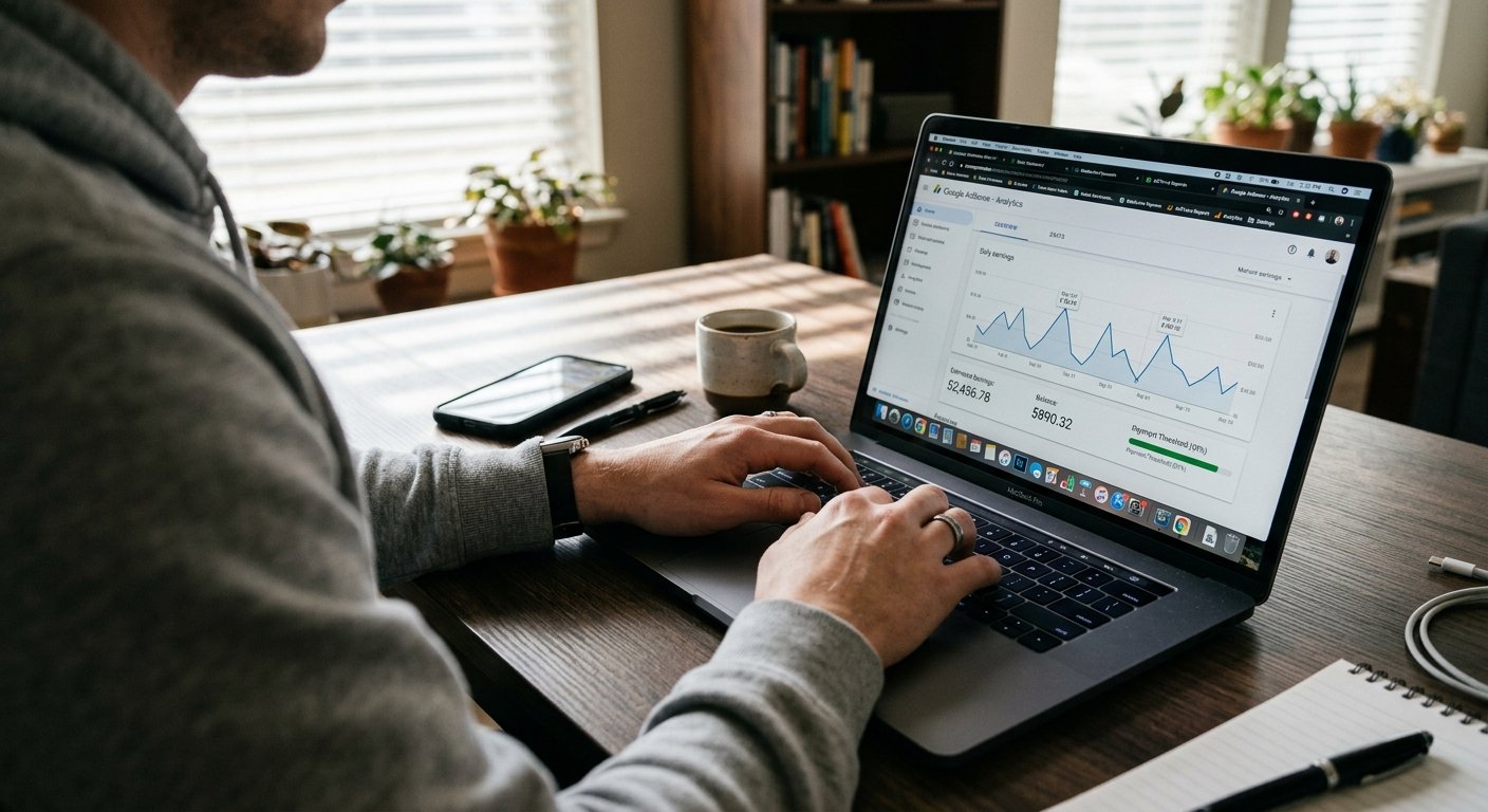 Over-the-shoulder view of someone's hands typing on a laptop keyboard, multiple browser tabs open showing different ad n