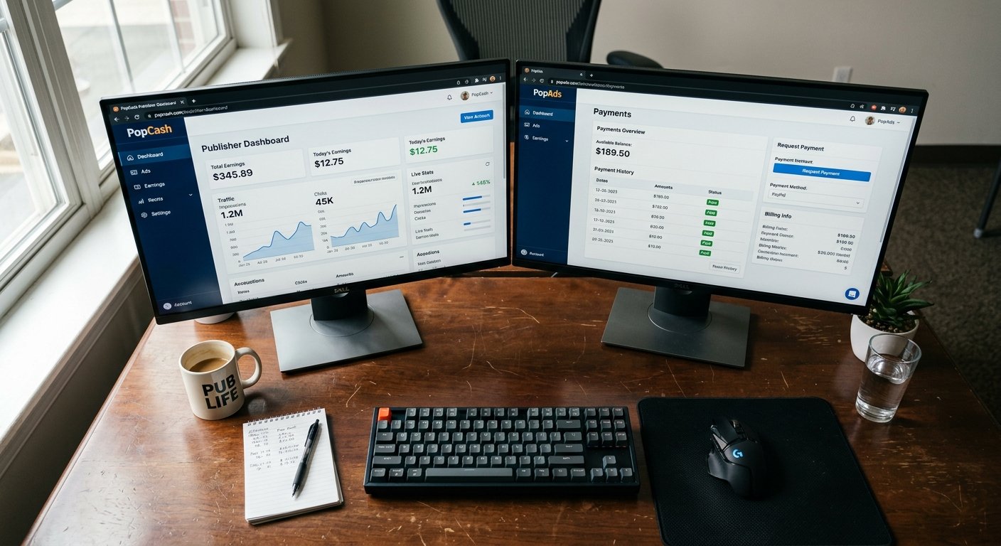 Photorealistic overhead shot of dual monitor workspace setup, one screen showing PopCash publisher dashboard with earnin