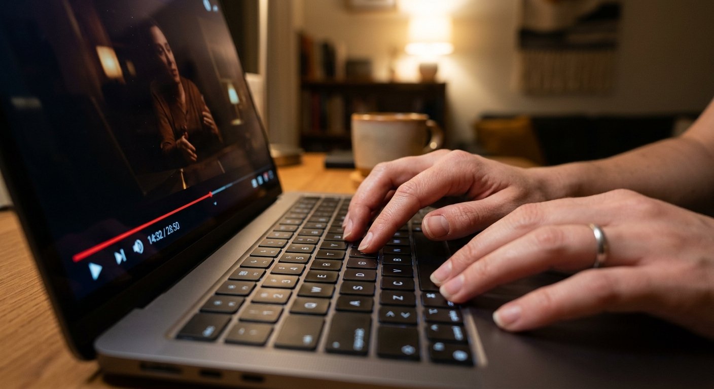 Close-up photorealistic image of hands typing on a laptop keyboard with a video player interface visible on screen showi