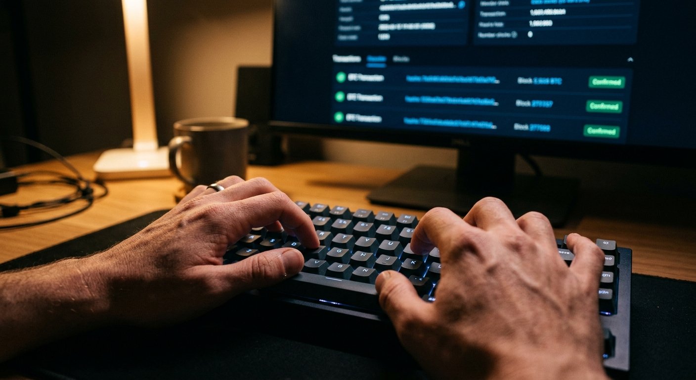 Close-up photorealistic image of hands typing on a backlit keyboard in dim ambient lighting, computer screen in soft foc