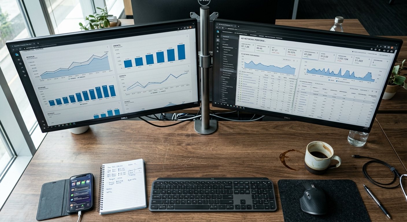 Photorealistic shot of a modern office desk from above, showing a dual monitor setup with financial charts and ad networ