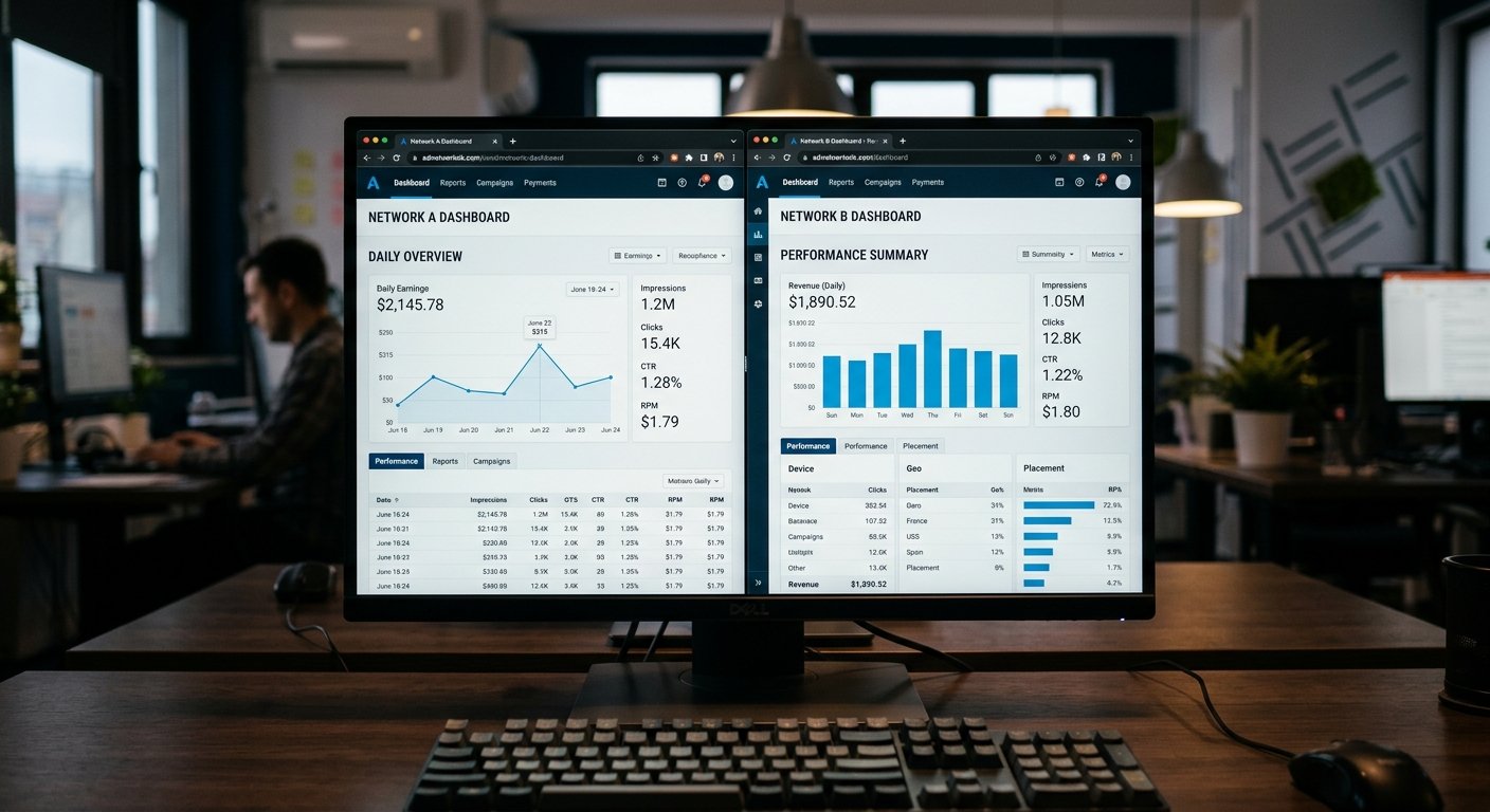 Photorealistic close-up shot of a computer screen displaying side-by-side comparison of two ad network dashboards with e