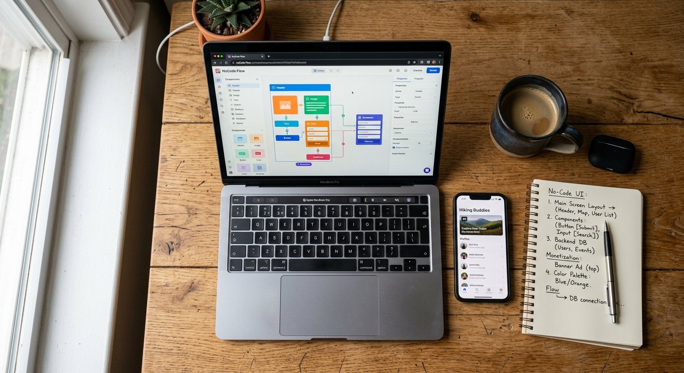 Photorealistic overhead view of a casual workspace showing a laptop displaying a no-code app builder interface with colo