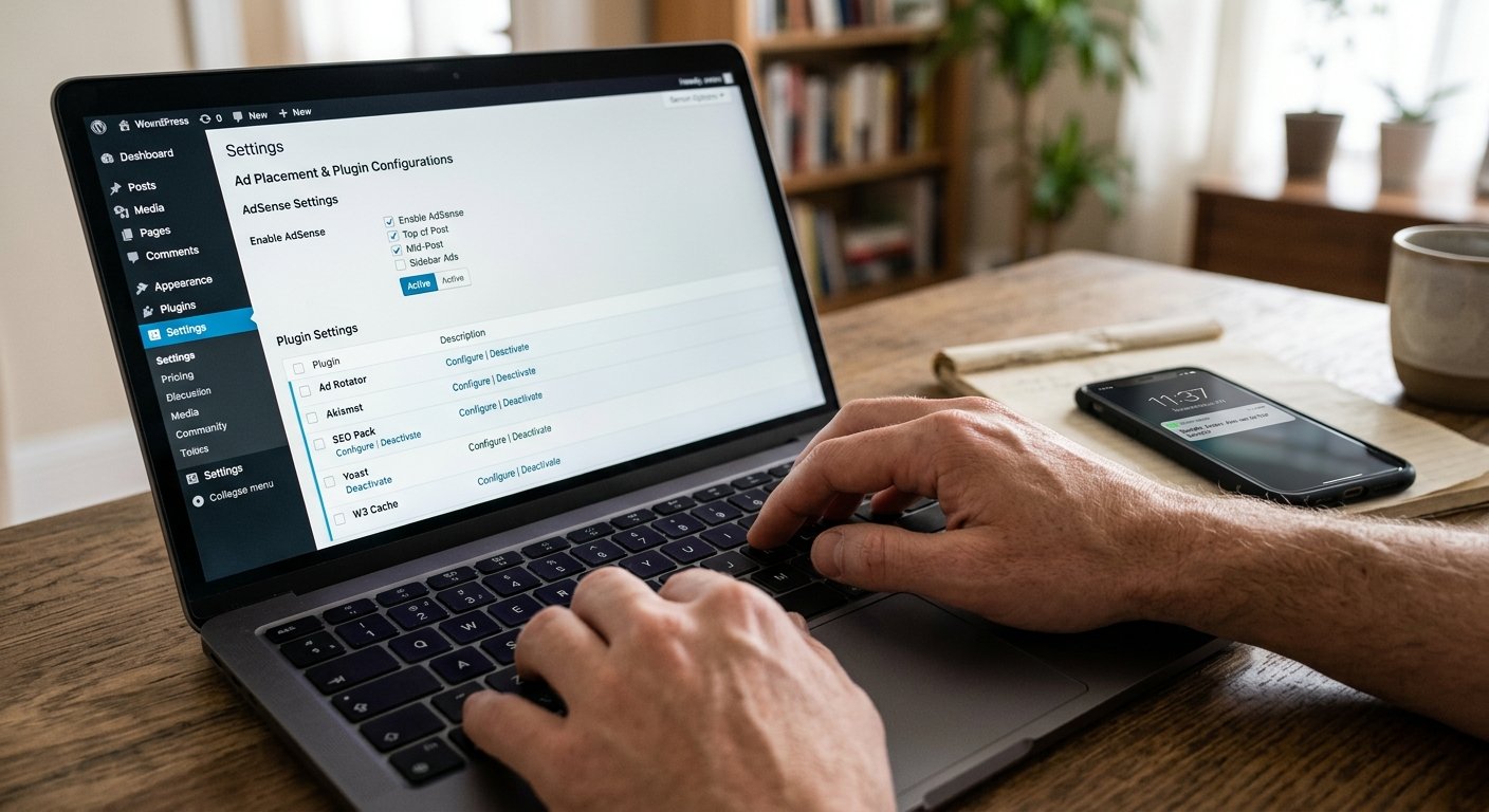 Photorealistic close-up of hands typing on a laptop keyboard with a WordPress admin dashboard visible on screen showing