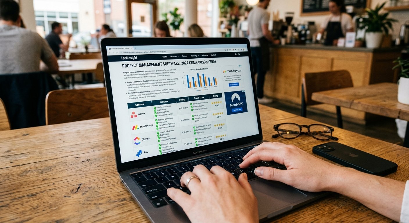 Photorealistic close-up of hands typing on laptop showing detailed software comparison table on screen. Modern cafe envi