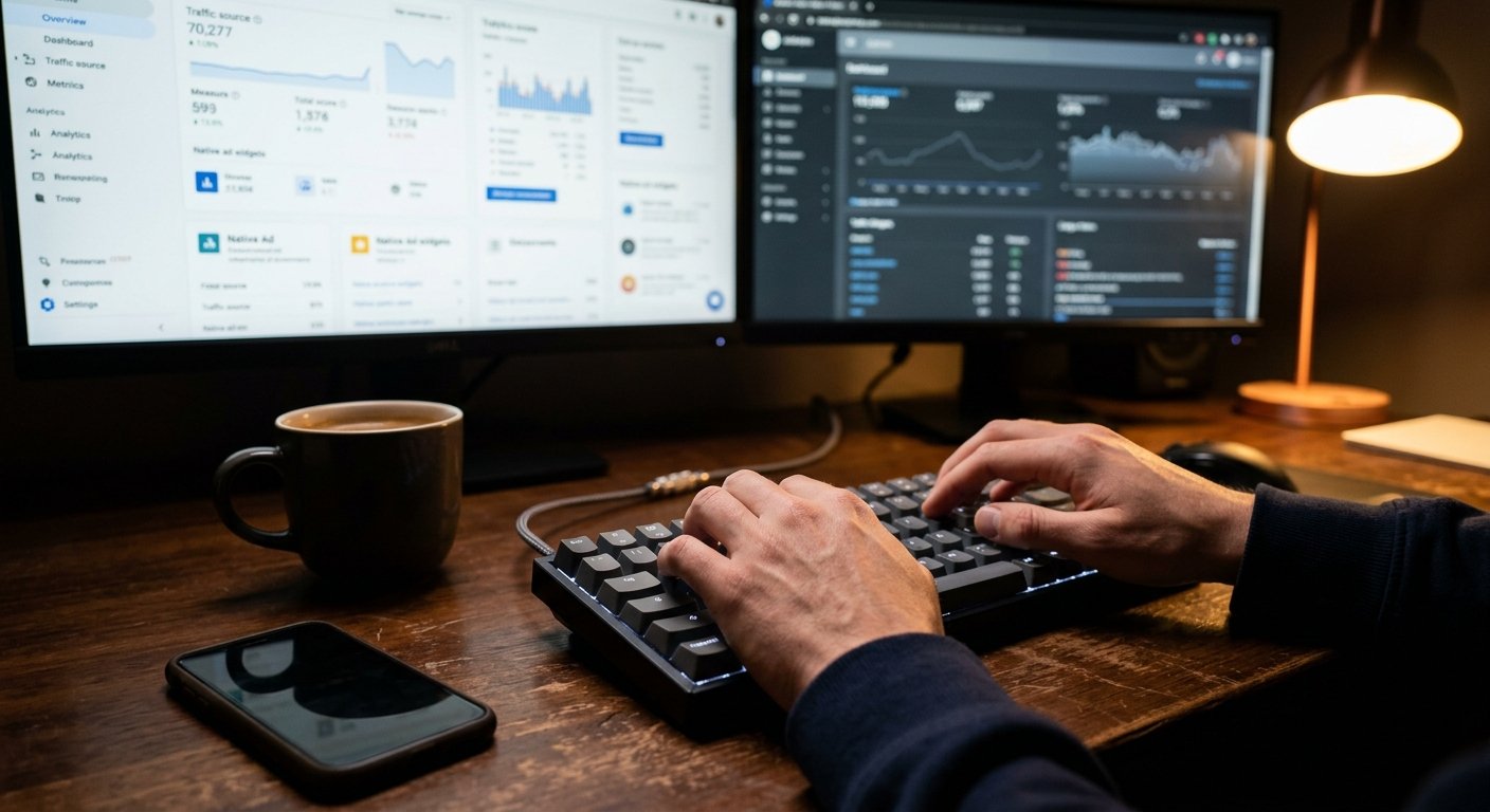 Photorealistic close-up of hands typing on a backlit keyboard in a dimly lit room, dual monitor setup in soft focus back