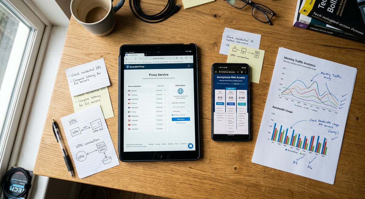 Photorealistic overhead shot of a desk workspace showing a smartphone and tablet both displaying different proxy service