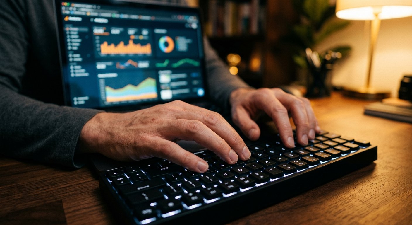 Close-up photorealistic shot of hands typing on a backlit keyboard, laptop screen softly visible in background showing b