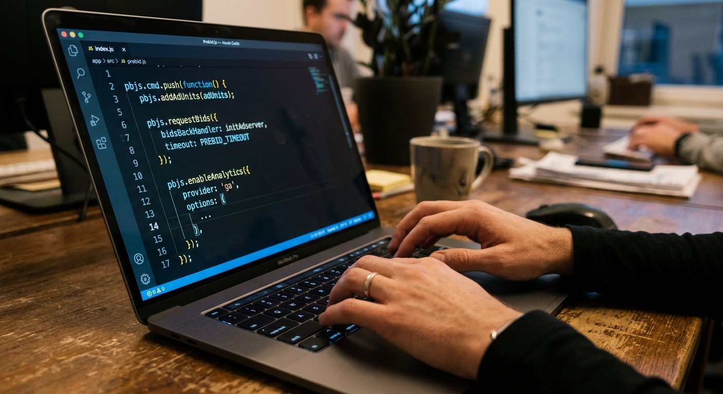 Photorealistic close-up of hands typing on a laptop keyboard with code editor visible on screen showing Prebid.js config