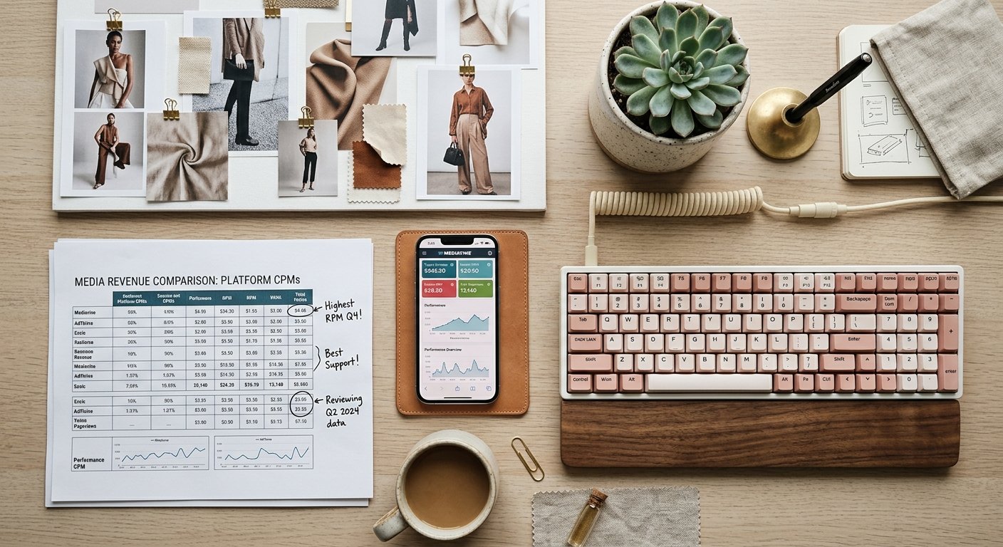 Photorealistic overhead flat-lay photograph of a content creator's workspace with mood board featuring fashion photograp