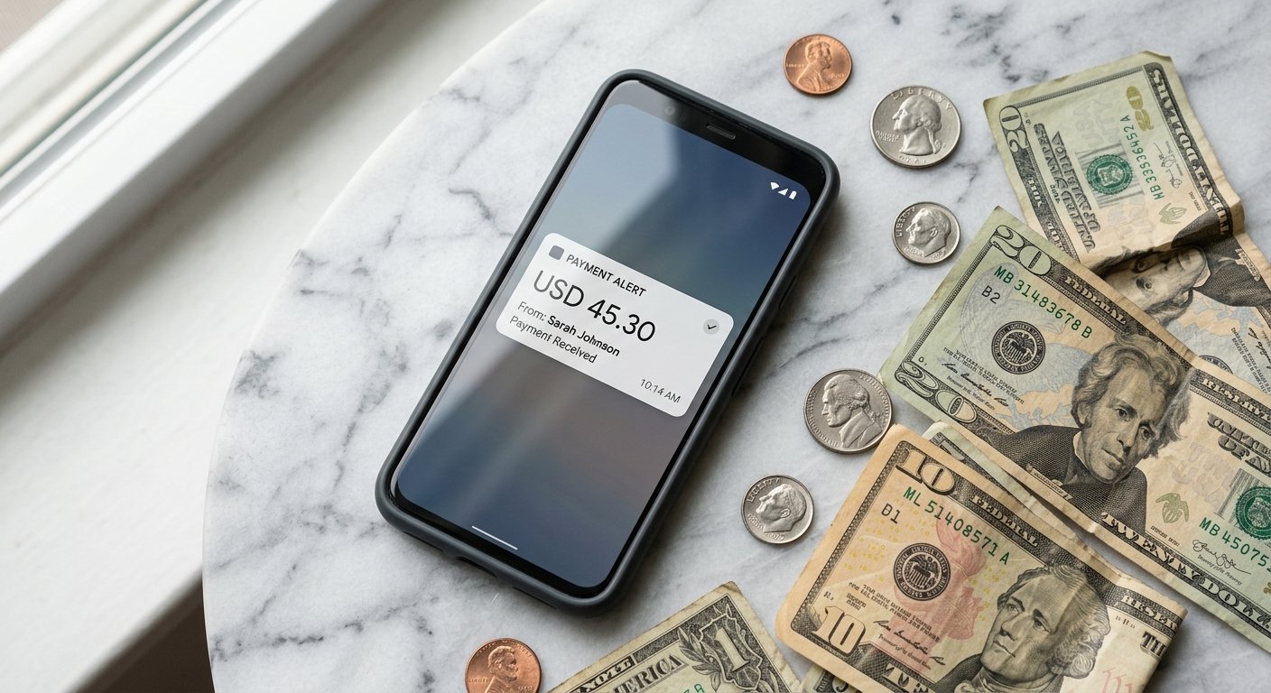 Photorealistic overhead shot of a smartphone displaying a payment notification alert, resting on a marble surface next t