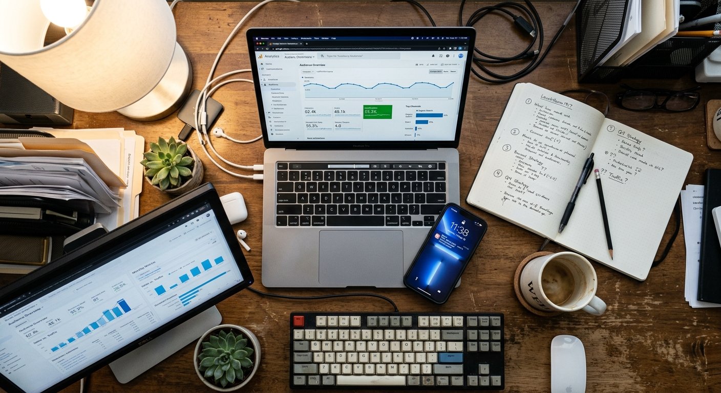 Photorealistic overhead shot of a cluttered desk with multiple devices showing different analytics dashboards, Google An