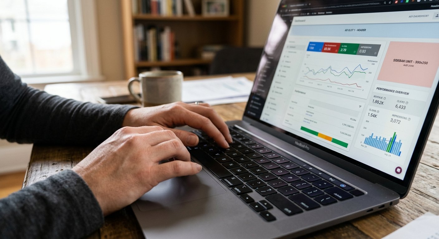 Photorealistic close-up of hands typing on a laptop keyboard, screen displaying website backend with ad placement zones