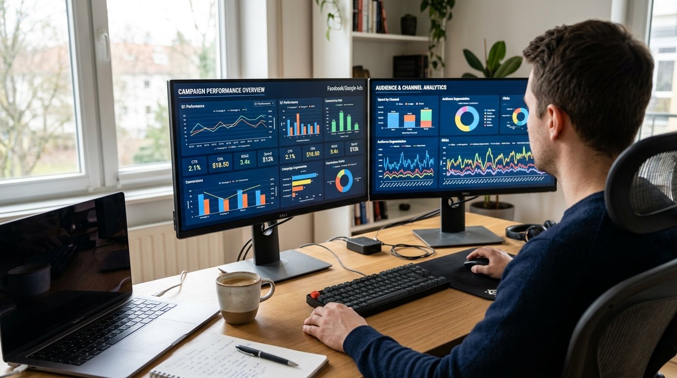 Wide-angle photograph of a media buyer's workspace showing dual monitors displaying campaign analytics dashboards with g