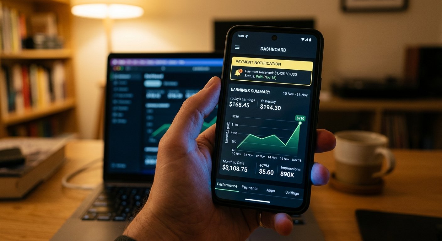 Photorealistic close-up of a smartphone screen displaying a mobile ad network dashboard with payment notification and ea