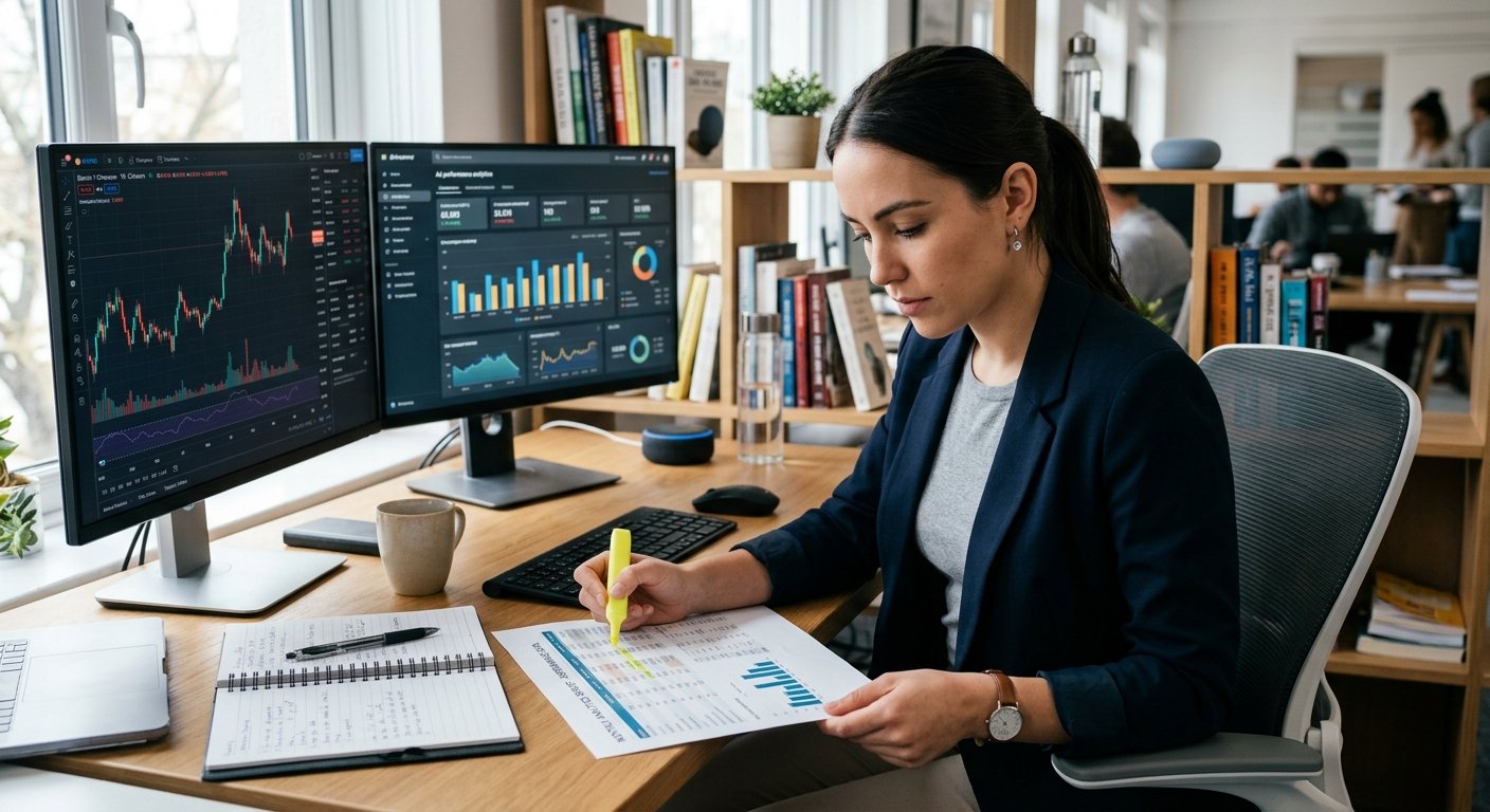 Photorealistic mid-shot of a young professional sitting at desk reviewing printed analytics reports with highlighter in