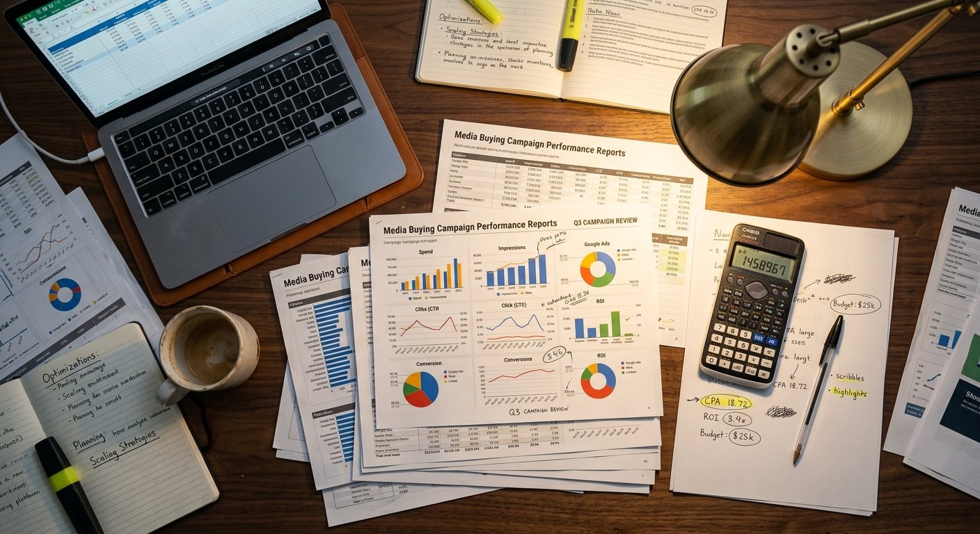 Photorealistic overhead view of a desk covered with papers showing printed campaign performance reports with graphs and