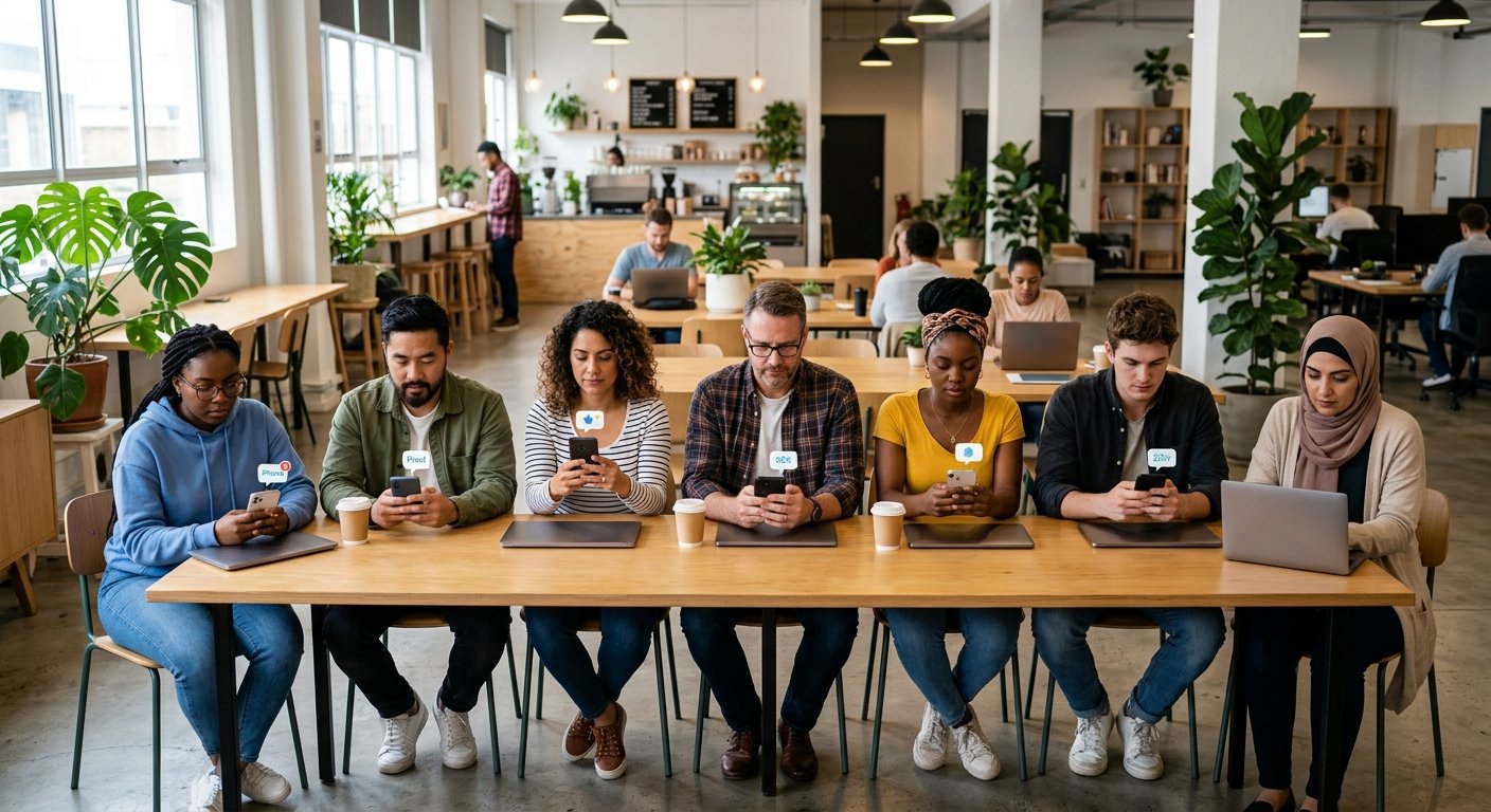 Photorealistic wide shot of a diverse group of real people in a modern co-working space, each looking at their phones as