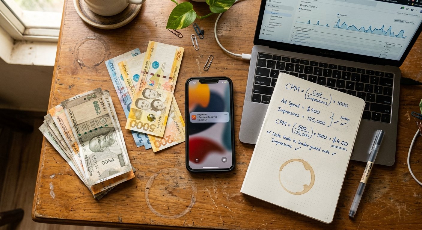 A photorealistic overhead flat-lay photograph of a workspace showing a smartphone displaying a Payoneer or WebMoney paym