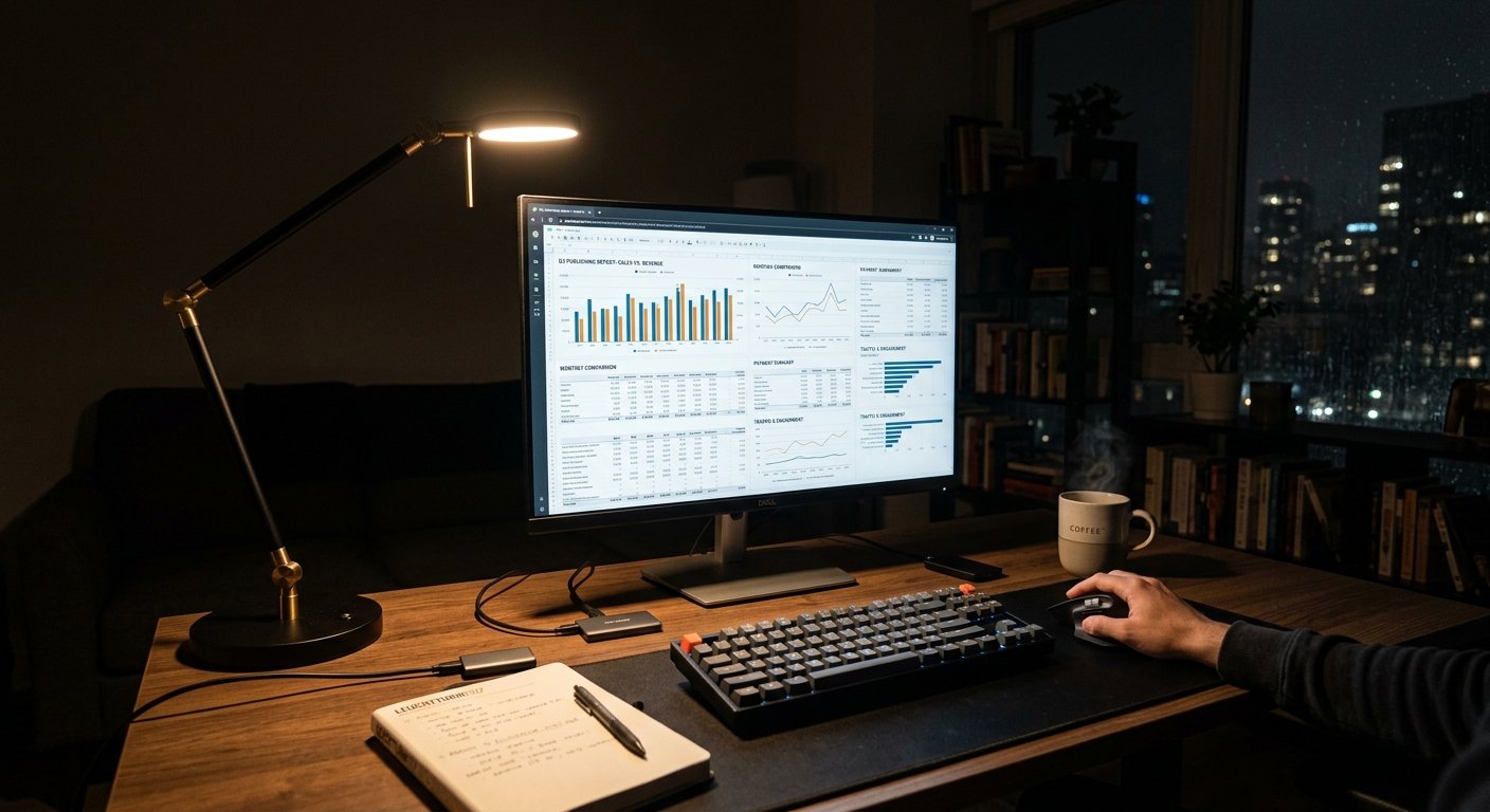 Photorealistic wide shot of a minimalist workspace with a single monitor displaying comparison charts and payment report