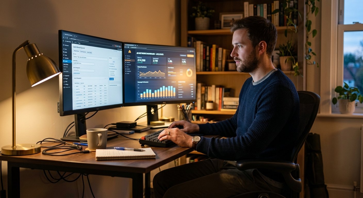 Photorealistic wide shot of a young professional male in casual clothing sitting at a desk working on a dual monitor set