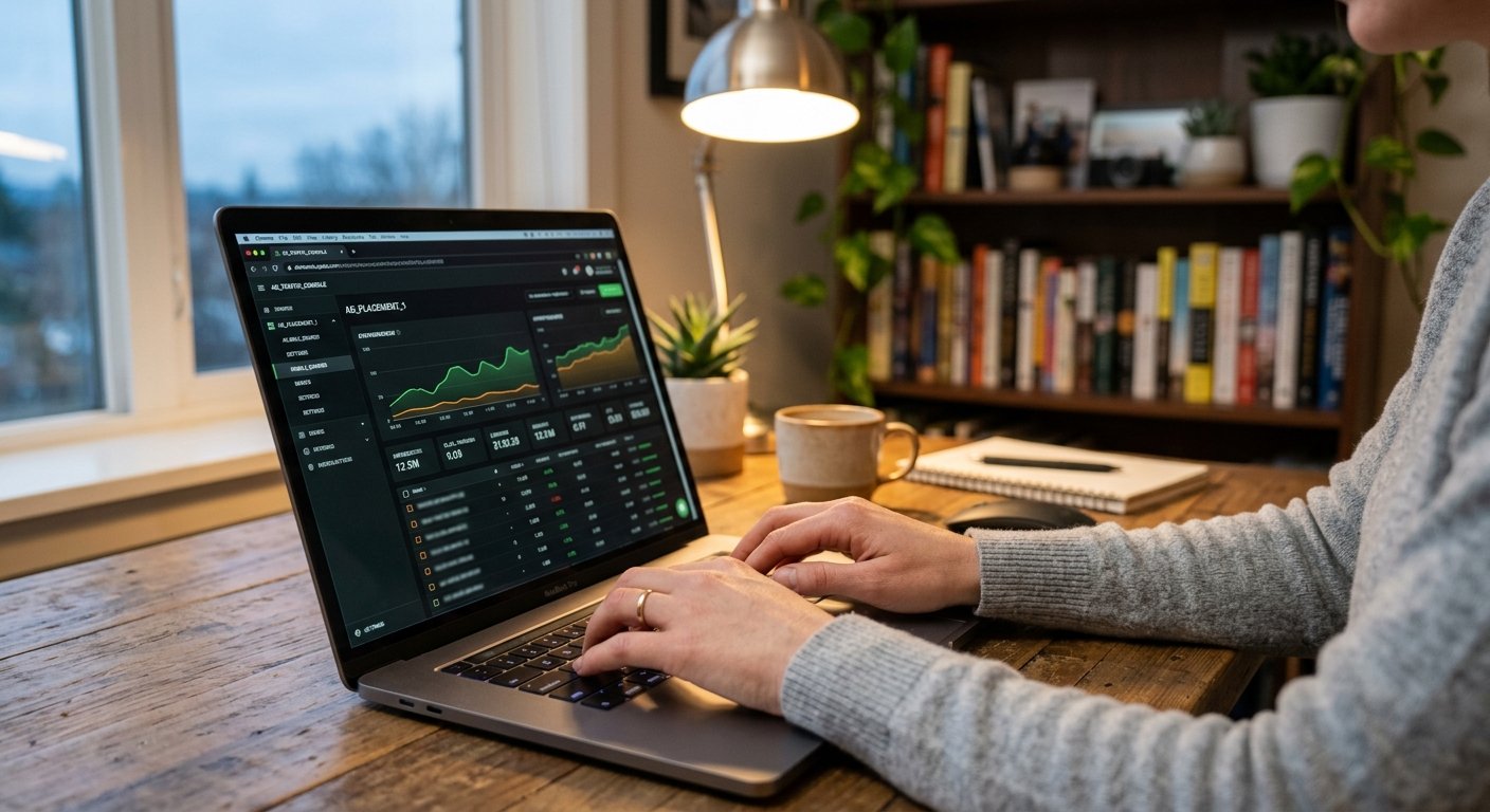 Photorealistic side-angle shot of hands typing on a laptop keyboard with a website backend or ad network dashboard visib