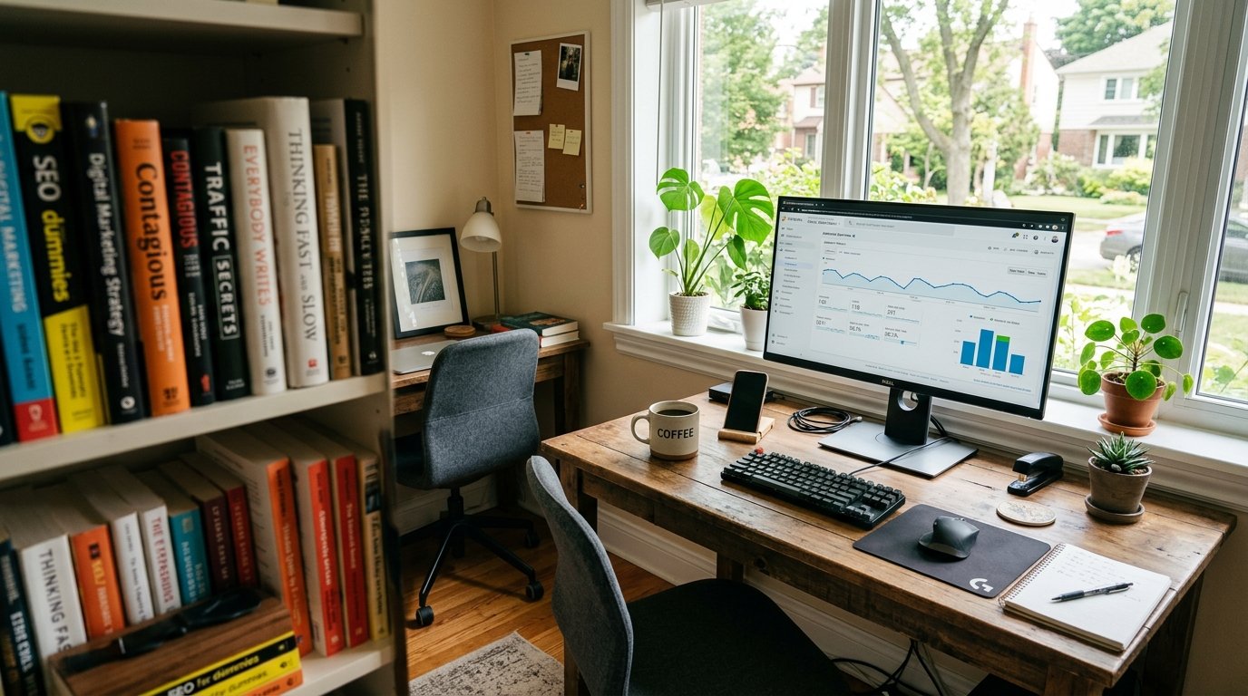 Wide-angle photorealistic shot of a small home office setup showing desktop monitor displaying website analytics with mo
