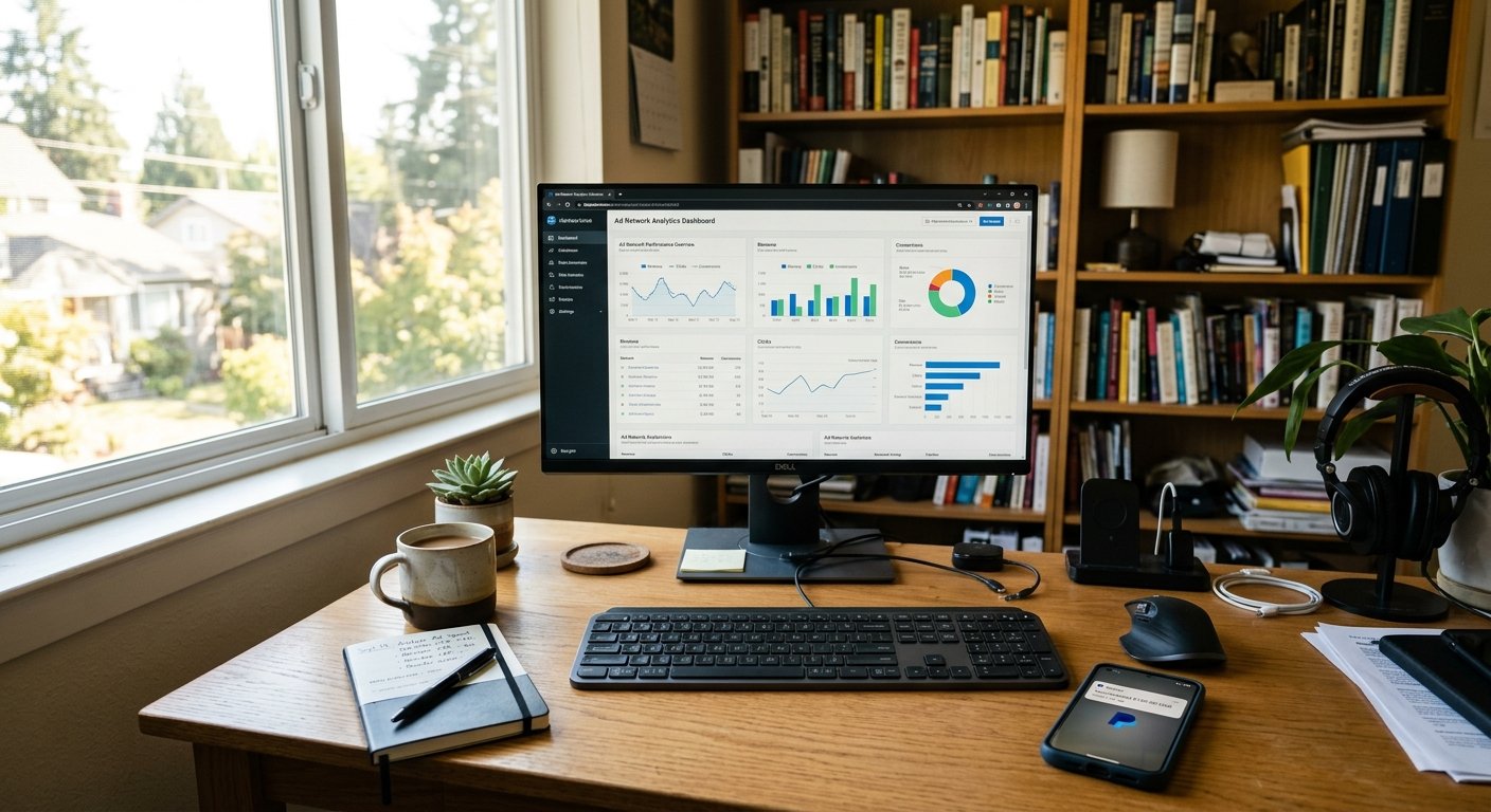 Wide-angle shot of a small home office desk setup with a desktop monitor displaying ad network analytics dashboard, smar