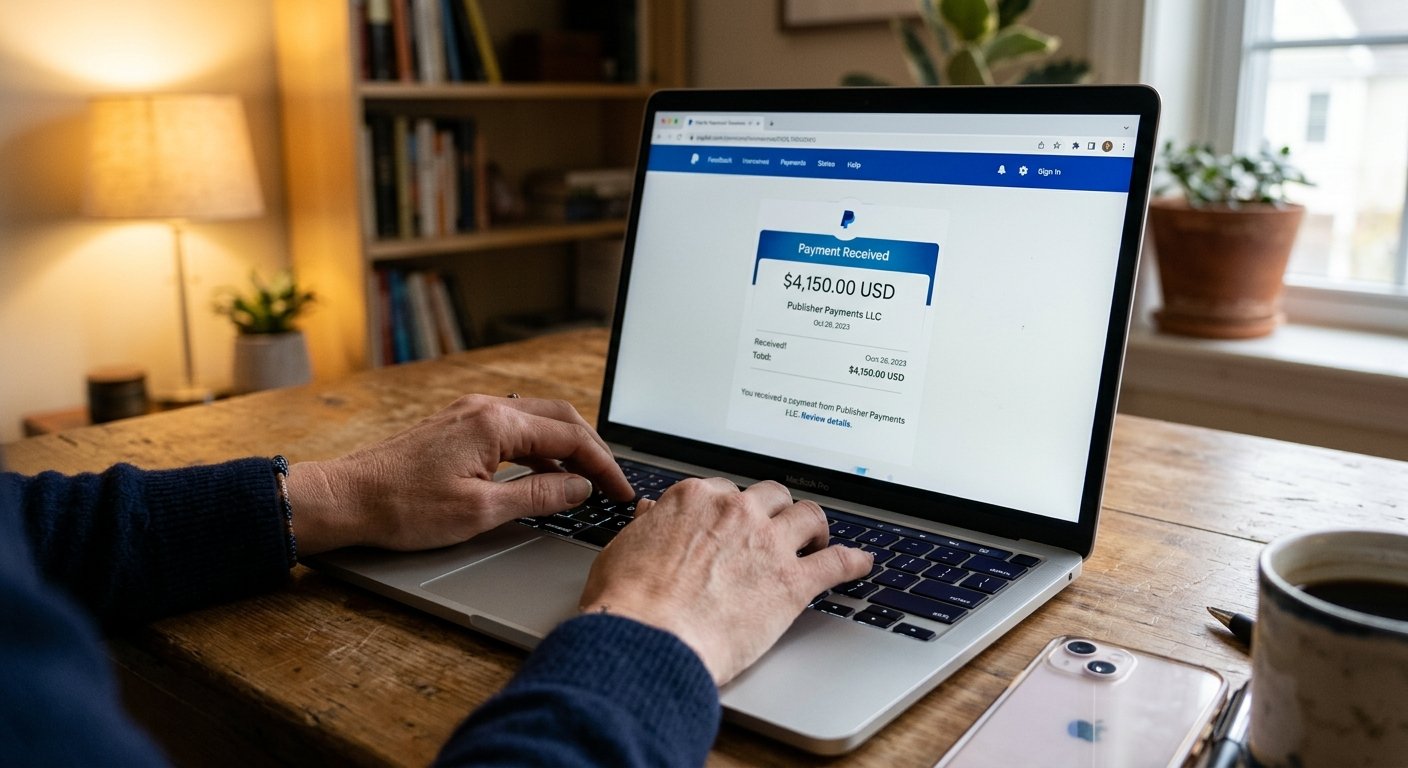 Photorealistic shot of hands typing on laptop keyboard with PayPal payment received notification visible on screen, warm