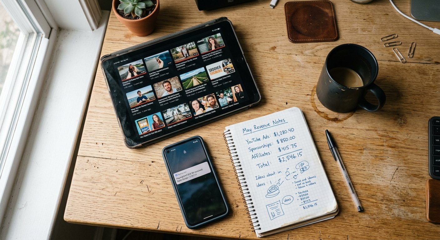 Photorealistic overhead flat-lay photograph of a workspace showing a tablet displaying video thumbnails, smartphone with