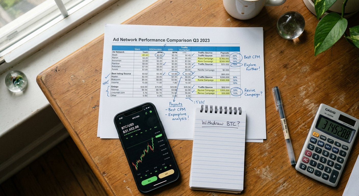 Photorealistic overhead flat-lay image of a minimalist workspace showing printed ad network comparison spreadsheet with