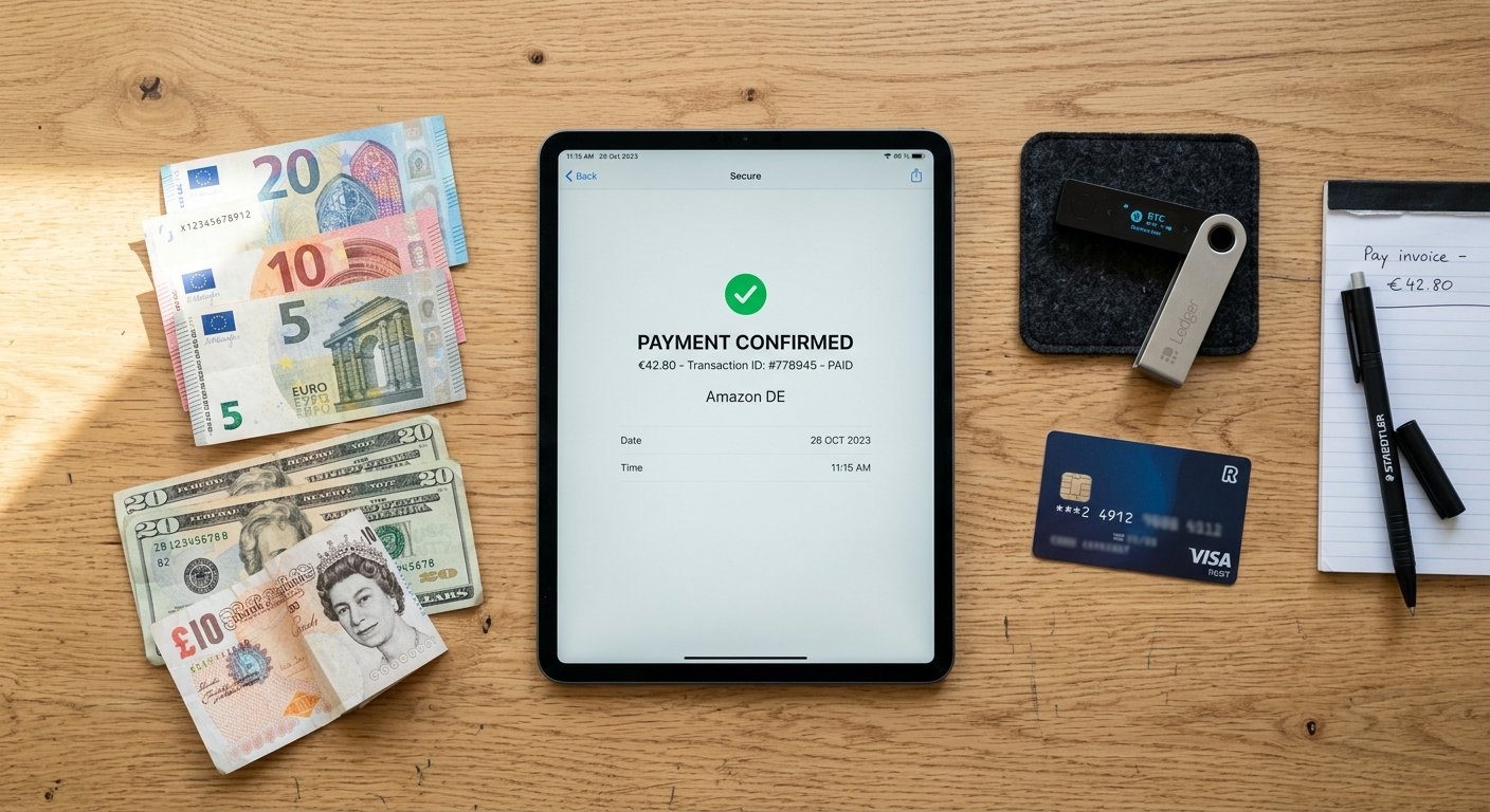 Photorealistic overhead shot of a clean workspace featuring a tablet displaying payment confirmation screens next to phy