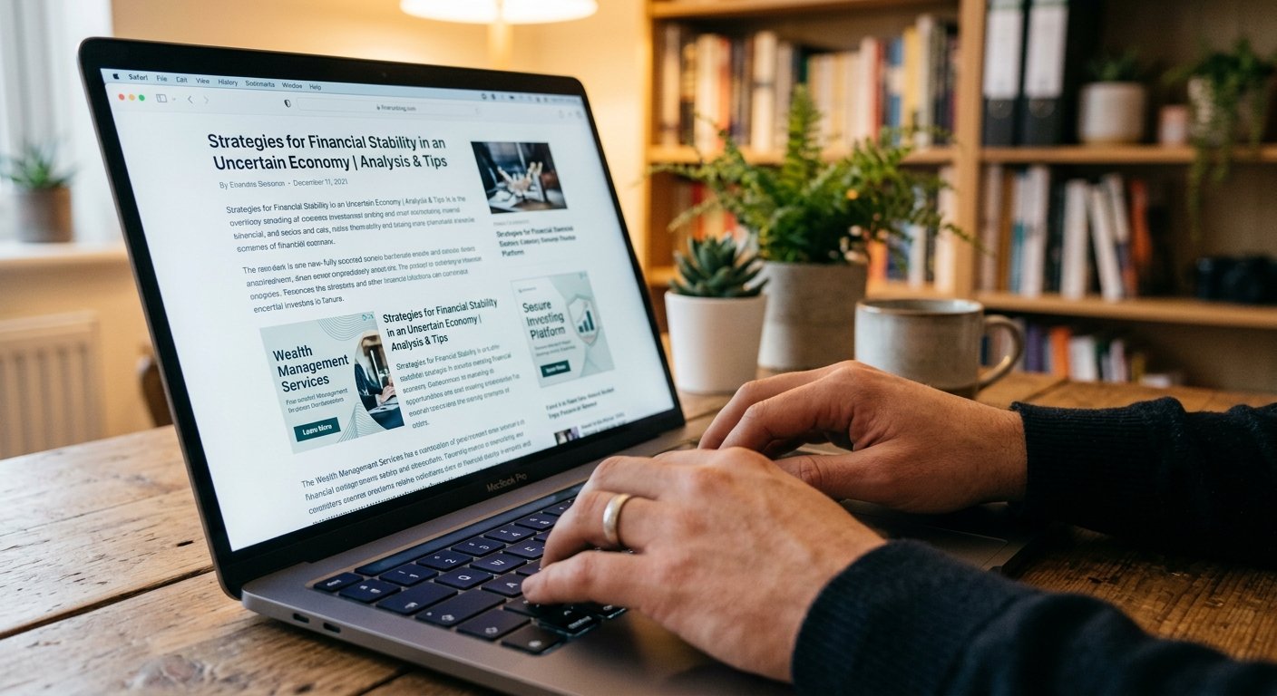 Photorealistic image of a person's hands typing on a MacBook Pro keyboard, finance blog article visible on screen with e