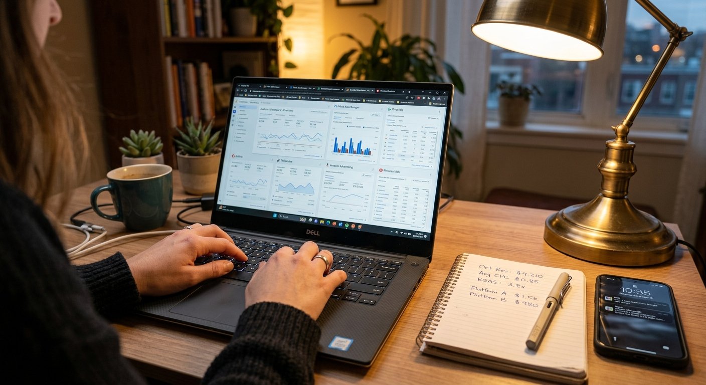 Photorealistic scene of hands typing on laptop keyboard with multiple browser tabs open showing different ad network pla