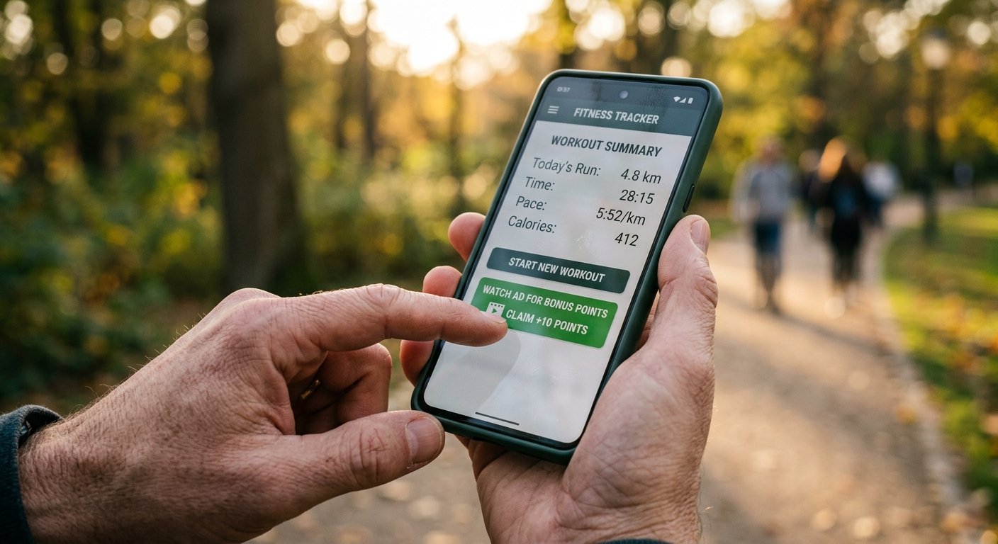 Photorealistic shot of a person's hand tapping a rewarded video ad button on a smartphone screen in a fitness tracking a