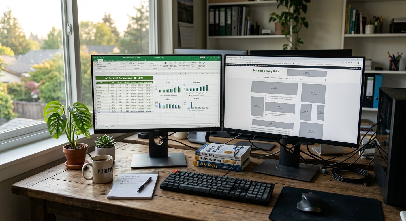 Photorealistic wide shot of a small publisher's workspace with dual monitors displaying ad network comparison spreadshee