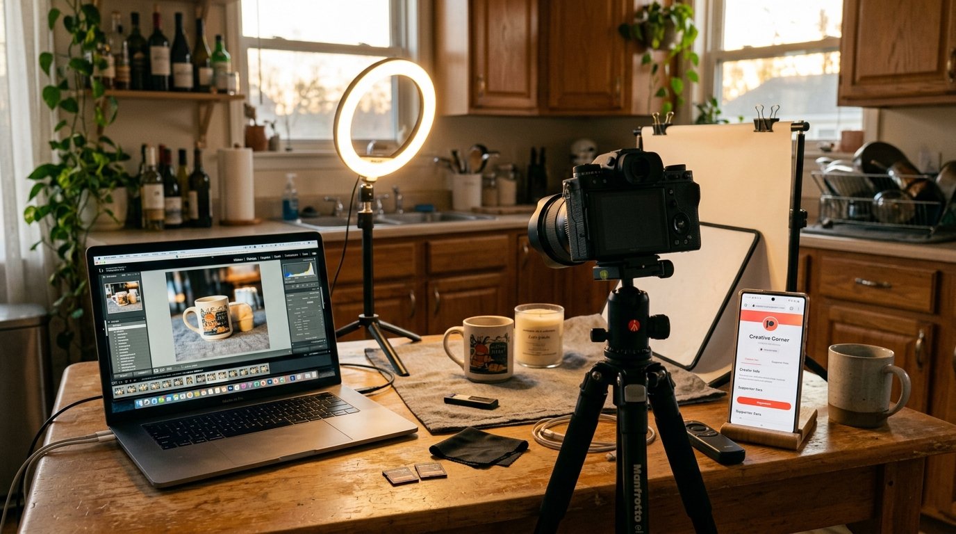 Wide angle shot of a small product photography setup on a kitchen table, ring light illuminating a product being photogr