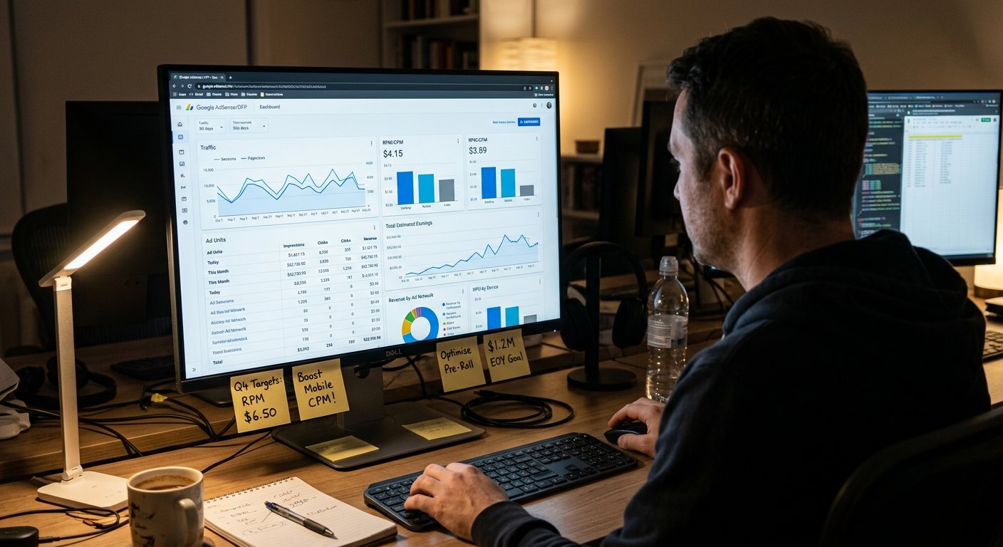 Photorealistic over-shoulder view of person analyzing tech website monetization performance on desktop computer. Large m