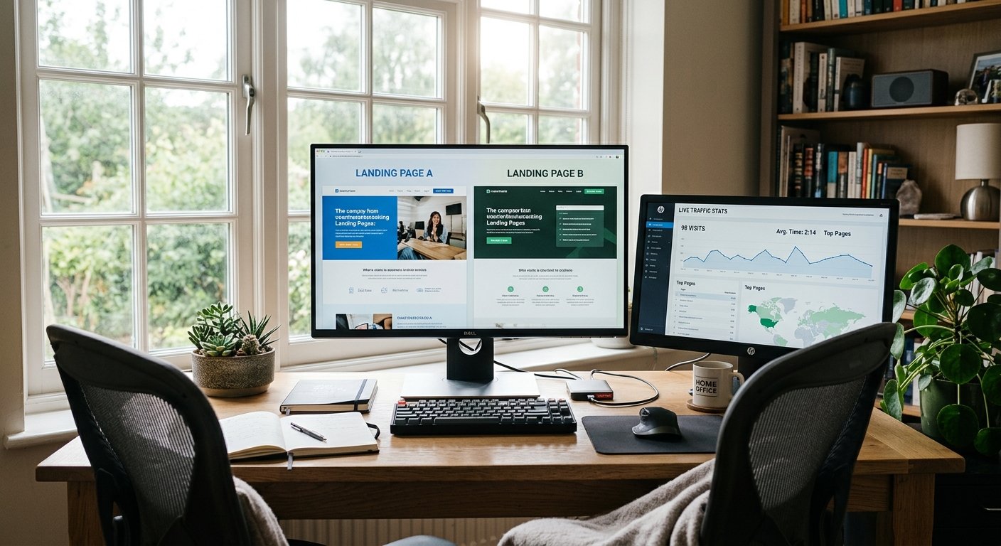 Photorealistic wide shot of a small home office setup, large monitor displaying split-screen comparison of two landing p