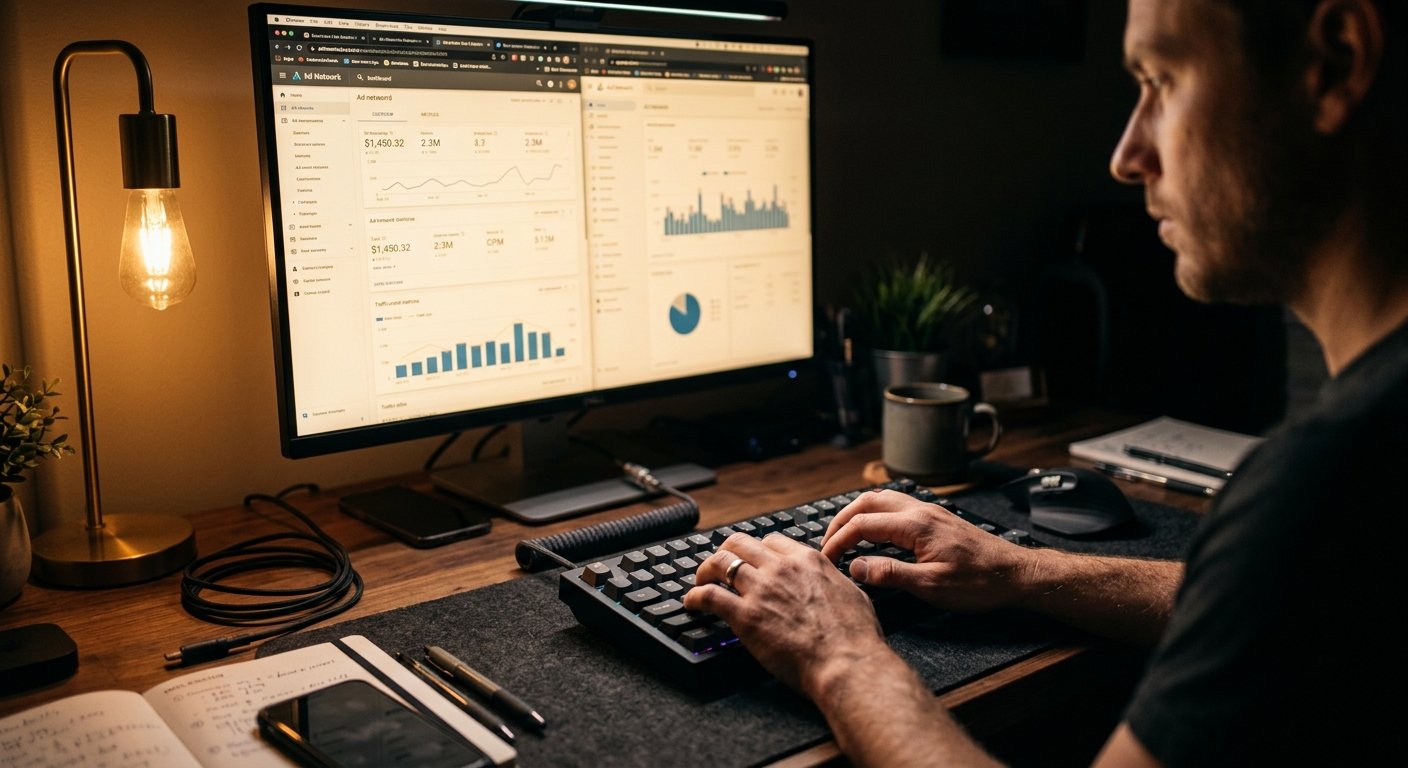 Photorealistic image of a person's hands typing on a mechanical keyboard in front of a monitor displaying multiple brows