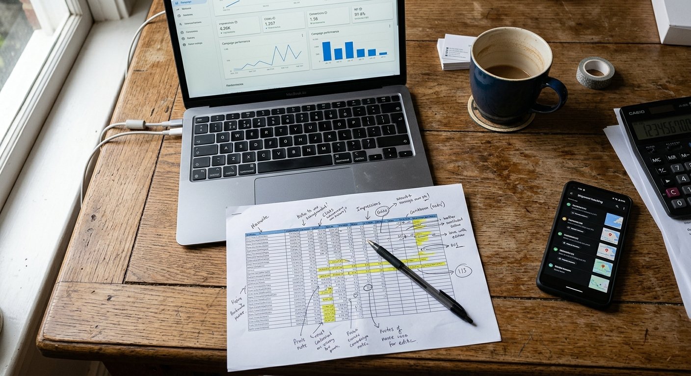 Photorealistic top-down flat lay of a small business workspace, wooden table surface, open laptop showing campaign perfo