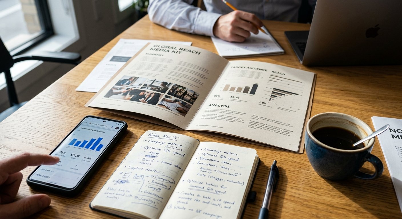 Photorealistic overhead view of a marketing meeting table with printed media kit, smartphone showing ad performance metr